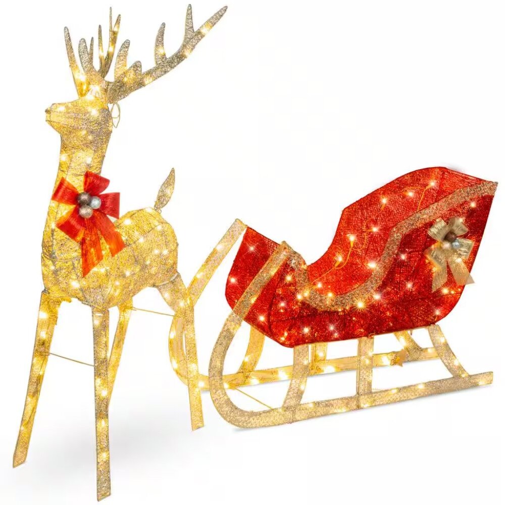48 in. LED Metal Reindeer Sleigh Christmas Yard Decor with Stakes